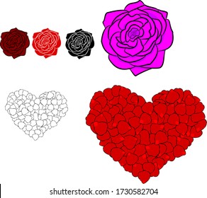 Roses, red black and purple buds. Heart made from rose petals.