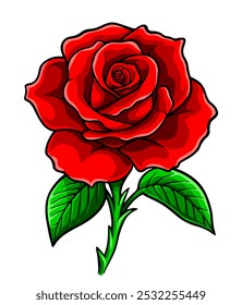 Roses. Red roses with green stems and leaves. Romantic cartoon roses. High resolotion vector rose