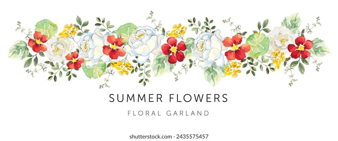 Rosas, nasturcios rojos, flores amarillas, hojas verdes, fondo blanco. Plantilla de banner con texto. Ilustración vectorial. Arreglo floral. Diseño de guirnalda de verano 