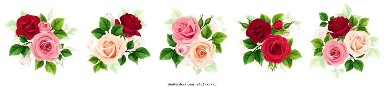 Roses. Red, pink, and white rose flowers and green leaves isolated on a white background. Set of vector floral design elements. Hand-drawn illustration, not AI