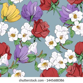 Roses and rhododendron seamless pattern for fabric. Vector drawing full-color.