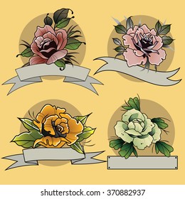 Roses and Ribbons Set in Traditional Tattoo Style