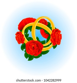 Roses and rings on a blue background.