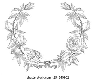 Roses. Rose flower wreath. Vector floral circle border. Hand draw at retro style 