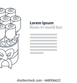 Roses in round box, flowers for special event, elegant gift concept, floral services logo. Vector linear design