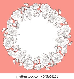 Roses. Round floral frame. Vector background