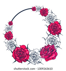 roses round frame, vector illustration isolated on white background, hand drawing