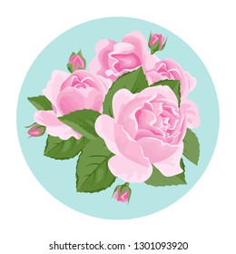 Roses. Round icon with a bouquet of pink flowers on a blue background. Vector flower illustration in cartoon flat style.