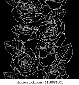  Roses seamless background pattern with hand drawn different. Vector black and white illustration. Contour drawing.