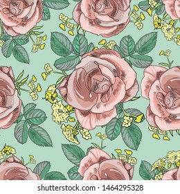 Roses in seamless background. Realistic drawing of herbs and flowers. Decorative postcard, textiles, paper, dresses, clothes, holidays: Birthday, wedding, summer discounts , sales