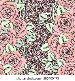 Roses. Seamless classic pattern. Beautiful pink red flowers. Vintage background realistic blooming flowers. Drawing engraving textile. Freehand. Wallpaper baroque. Vector Victorian style Illustration