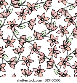 Roses. Seamless classic pattern. Beautiful pink red flowers. Vintage background realistic blooming flowers. Drawing engraving textile. Freehand. Wallpaper baroque. Vector Victorian style Illustration