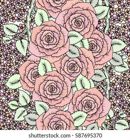 Roses. Seamless classic pattern. Beautiful pink red flowers. Vintage background realistic blooming flowers. Drawing engraving textile. Freehand. Wallpaper baroque. Vector Victorian style Illustration