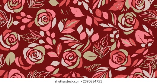 Roses seamless pattern. All over vector design with solid background illustration digital image for textile printing factory. 