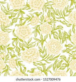 Roses Seamless pattern, background. Graphic drawing, engraving style. Vector illustration. In art nouveau style, vintage, old, retro style..
