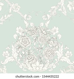 Roses Seamless pattern, background. Graphic drawing, engraving style. Vector illustration. In art nouveau style, vintage, old retro style