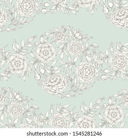 Roses Seamless pattern, background. Graphic drawing, engraving style. Vector illustration. In art nouveau style, vintage, old retro style