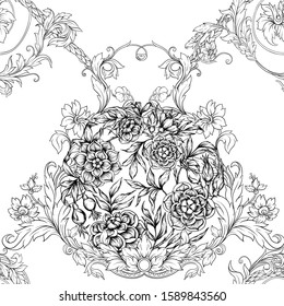 Roses Seamless pattern, background. Graphic drawing, engraving style. Vector illustration. In art nouveau style, vintage, old, retro style