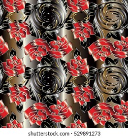 Roses seamless pattern background wallpaper with vintage decorative red 3d roses  flowers, leaves and elegance luxury pattern ornaments. Vector flowery endless texture.