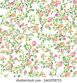 Roses seamless pattern botanical illustration, vector graphic. Wallpaper with many leaves, flowers, buds and petals in hand drawn style.