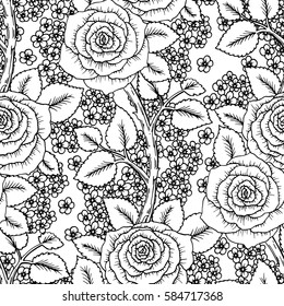 Roses seamless pattern. Bouquet of flowers. Vector sketch hand-drawn. Perfect for for wedding invitations, greeting cards, tickets congratulations, floral decoration, line illustration for laser cut.