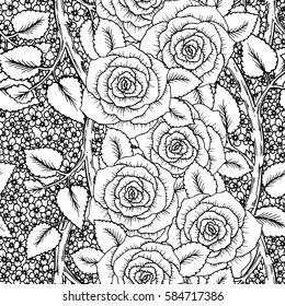 Roses seamless pattern. Bouquet of flowers. Vector sketch hand-drawn. Perfect for for wedding invitations, greeting cards, tickets congratulations, floral decoration, line illustration for laser cut.