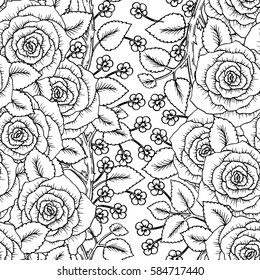 Roses seamless pattern. Bouquet of flowers. Vector sketch hand-drawn. Perfect for for wedding invitations, greeting cards, tickets congratulations, floral decoration, line illustration for laser cut.