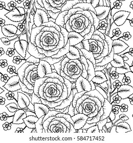 Roses seamless pattern. Bouquet of flowers. Vector sketch hand-drawn. Perfect for for wedding invitations, greeting cards, tickets congratulations, floral decoration, line illustration for laser cut.