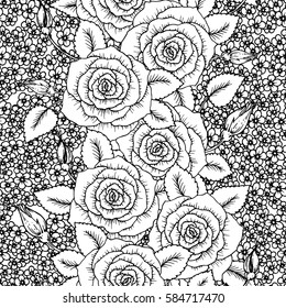 Roses seamless pattern. Bouquet of flowers. Vector sketch hand-drawn. Perfect for for wedding invitations, greeting cards, tickets congratulations, floral decoration, line illustration for laser cut.