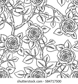 Roses seamless pattern. Bouquet of flowers. Vector sketch hand-drawn. Perfect for for wedding invitations, greeting cards, tickets congratulations, floral decoration, line illustration for laser cut.