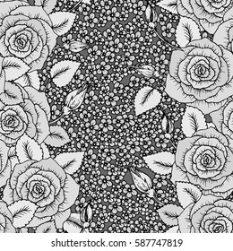 Roses seamless pattern. Bouquet of flowers. Vector sketch hand-drawn. Perfect for for wedding invitations, greeting cards, tickets congratulations, floral decoration, line illustration for laser cut.
