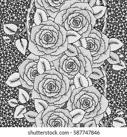 Roses seamless pattern. Bouquet of flowers. Vector sketch hand-drawn. Perfect for for wedding invitations, greeting cards, tickets congratulations, floral decoration, line illustration for laser cut.