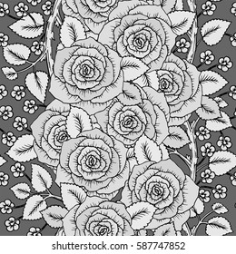 Roses seamless pattern. Bouquet of flowers. Vector sketch hand-drawn. Perfect for for wedding invitations, greeting cards, tickets congratulations, floral decoration, line illustration for laser cut.