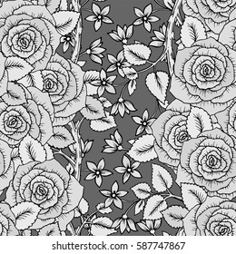 Roses seamless pattern. Bouquet of flowers. Vector sketch hand-drawn. Perfect for for wedding invitations, greeting cards, tickets congratulations, floral decoration, line illustration for laser cut.