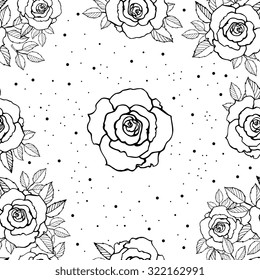 Roses seamless pattern. Bridal floral wallpaper. Vector line sketch. Hand drawn artwork Love bohemia concept for wedding invitations, cards, tickets, branding, boutique logo label. Black and white