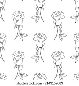 Roses seamless pattern. Contour roses on a white background. Vector.