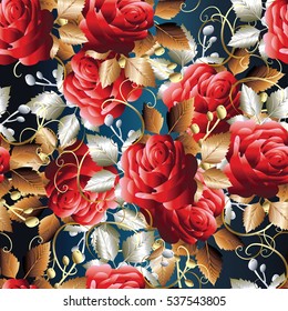 Roses seamless pattern. Floral background with  red flowers,leaves and ornaments. Vector flowery wallpaper. Flourish fabric pattern texture.