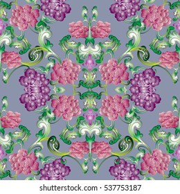 Roses seamless pattern. Floral light  background with pink and violet 3d flowers,leaves and ornaments. Vector baroque wallpaper. 
