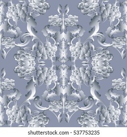Roses seamless pattern. Floral light  background with white flowers,leaves and ornaments. Vector baroque wallpaper. 