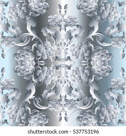 Roses seamless pattern. Floral silver background with white 3d flowers,leaves and ornaments. Vector baroque wallpaper. 