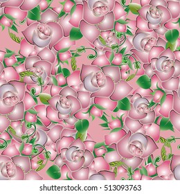 Roses seamless pattern. Floral vector background wallpaper with pink 3d roses flowers, green leaves and decorative roses ornaments.Floral tender pink poses texture.
