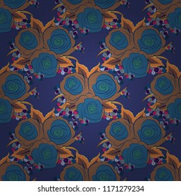 Roses seamless pattern with flowers in Victorian style. Bouquet of retro plants. Floral illustration. Abstract rose background in brown, blue and violet colors. Vector vintage design.