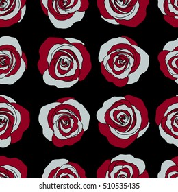 Roses seamless pattern with flowers in Victorian style. Abstract rose background in blue and red colors. Floral illustration. Vector vintage design. Bouquet of retro plants.
