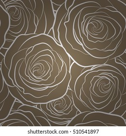 Roses seamless pattern with flowers in Victorian style. Monochrome rose background in brown colors. Floral illustration. Vector vintage design. Bouquet of retro plants.