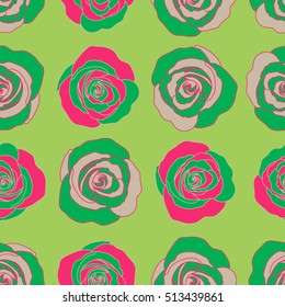 Roses seamless pattern with flowers in Victorian style. Abstract rose background in green and magenta colors. Floral illustration. Vector vintage design. Bouquet of retro plants.