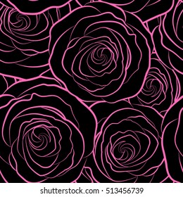Roses seamless pattern with flowers in Victorian style. Monochrome rose background in pink colors. Floral illustration. Vector vintage design. Bouquet of retro plants.
