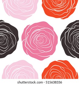 Roses seamless pattern with flowers in Victorian style. Vector vintage design. Floral illustration. Bouquet of retro plants. Abstract rose background in pink, neutral and orange colors.