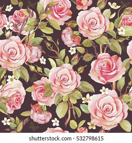 Roses seamless pattern with flowers in Victorian style. Beautiful Elegance wallpaper with of pink roses. Vintage decorative template for congratulation design, vector illustration, eps8