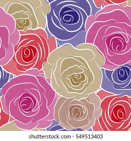 Roses seamless pattern with flowers in Victorian style. Bouquet of retro plants. Vector vintage design. Floral illustration. Abstract rose background.