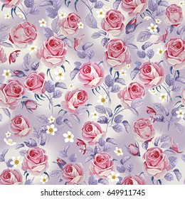 Roses seamless pattern with flowers in vintage style. Romantic elegance floral wallpaper. Decorative vector illustration with bouquet of pink roses. Summer template for congratulation design